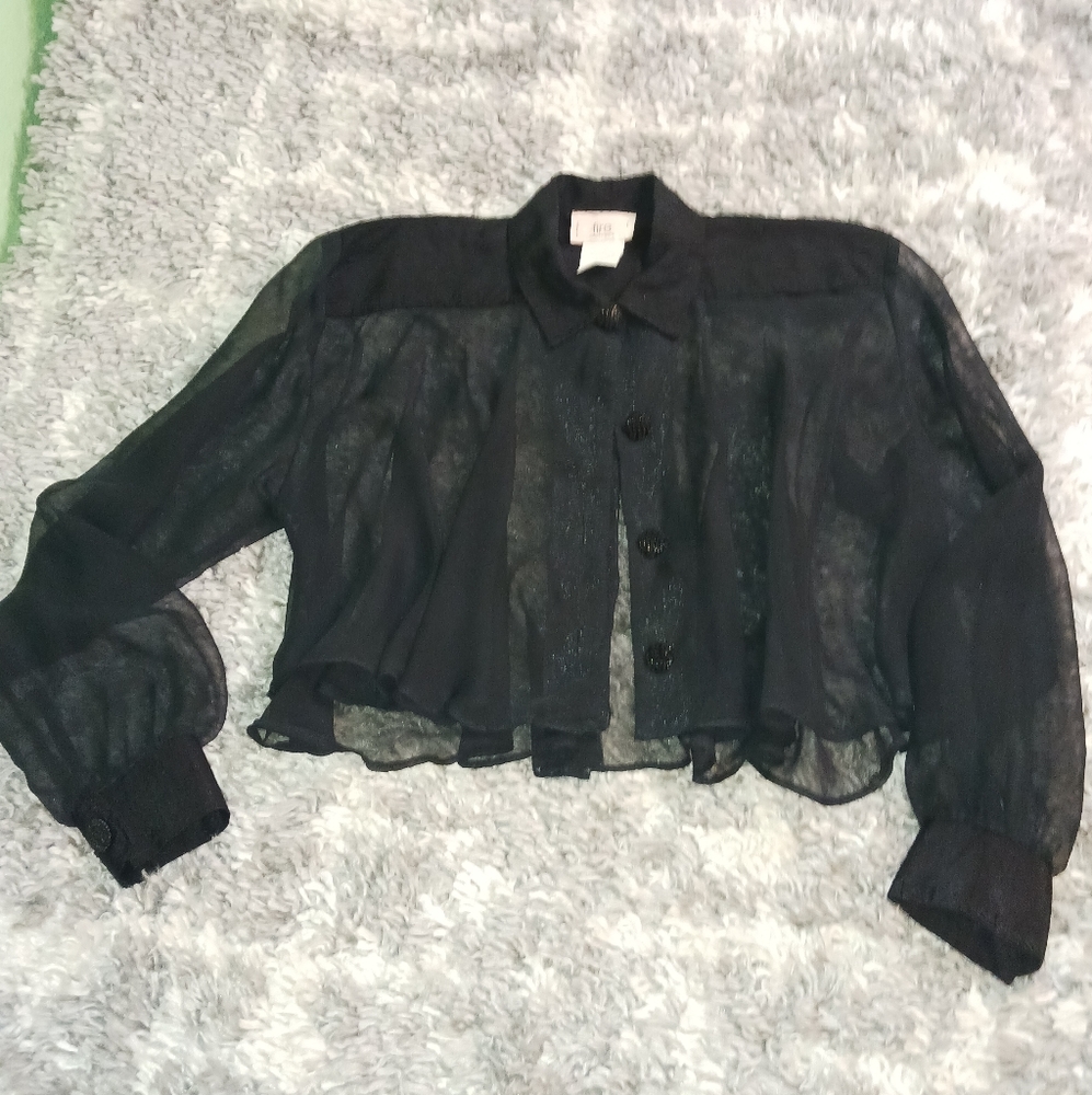 Unique Black Vntg Sheer Organza loose cropped sexy button up both sides blouse